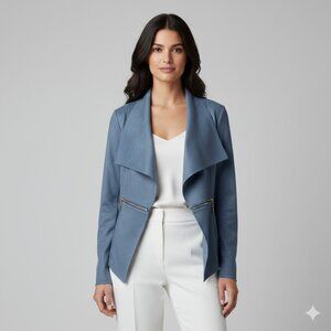 Joseph Ribkoff Blue Faux Suede Drape Neck Open Front Moto Jacket Zip Detail 12